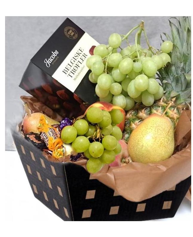 Gourmet gift basket with fresh fruit and Belgian truffles perfect for thanks