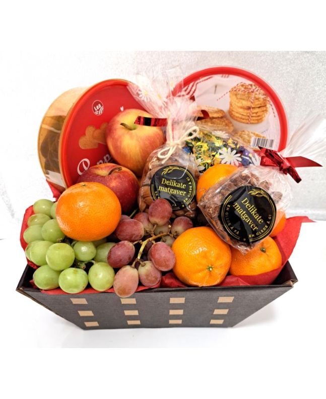 Julekurv godbiter med Frukt, Nøtter, julekurv, julegaver, fruktkurv, nøtter, julemat, julegodt, julepresang, norsk julekurv, levering på døra, julegavetips, julekos, frukt, nøtter, honning, fiken, dadler, mandler, julegave til henne, julegave til han, jul