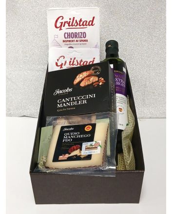 Delicious Spanish food gift package with olives, cheese and serrano ham.