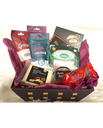 gourmetgave, julegave, Middelhavsjuleglede, luksuriøs gavepakke, delikatesser, oliven, ost, rødvin, mørk sjokolade, spesialiteter til jul, matglede, gave til hele familien