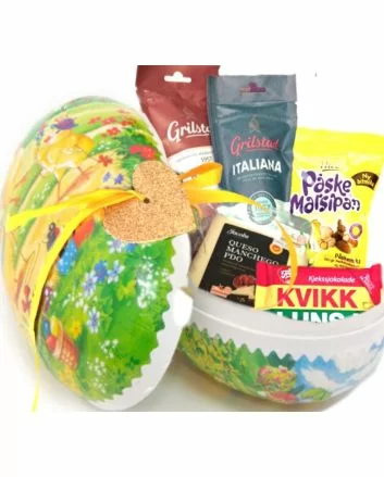 Påskegavepakke med spekemat og søtsaker, perfekt til påskefeiringen.