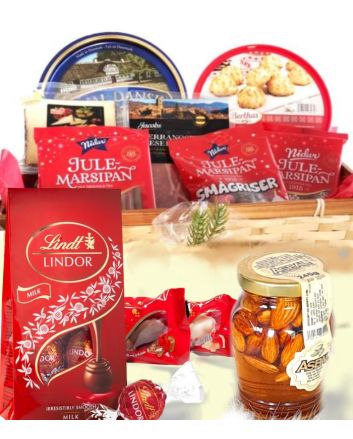 spiselige gaver, søte julegaver, julegaveideer, luksus gavemiddag, delikate gavepakker, ost og skinke, julekuler sjokolade, kvalitetsmat, gourmet gaver, gavepakke jul